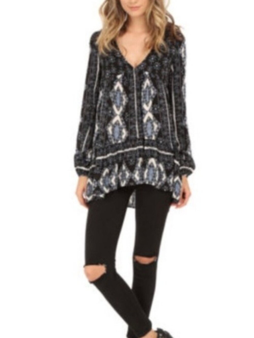 Free People Down By The Bay Xs Black Tunic Top with Blue & White Print Festival